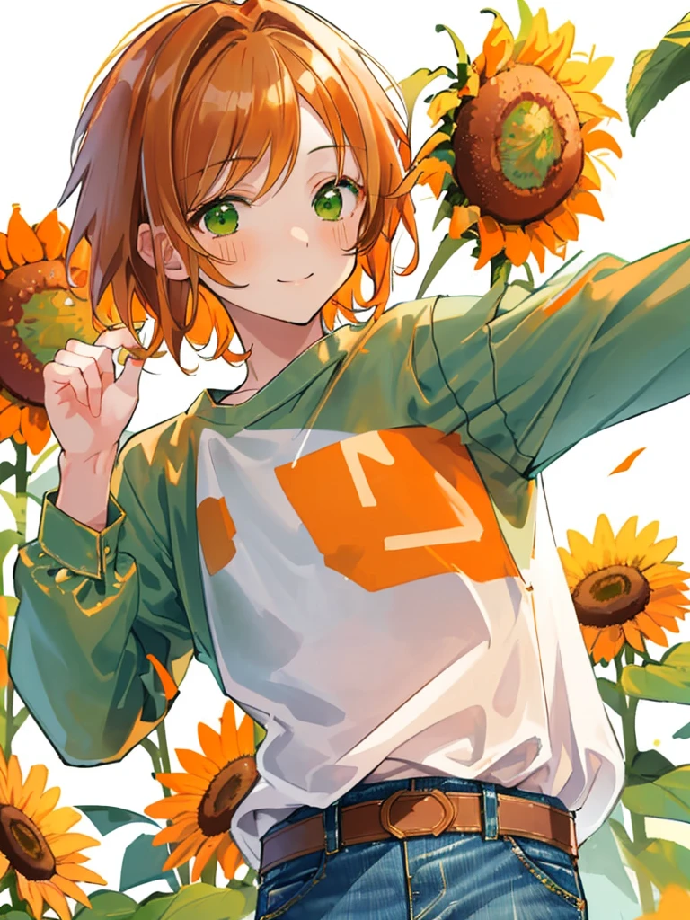 masterpiece、Highest quality、Super detailed、Very delicate、solo、One boy、1 male、(Orange brown hair:1.25),(Fluffy hair:1.2),(short hair:1.2),(Center parted bangs),sunflower,(Green Eyes:1.4),(blush)、smile,(Long sleeve shirt:1.25),(denim:1.35),