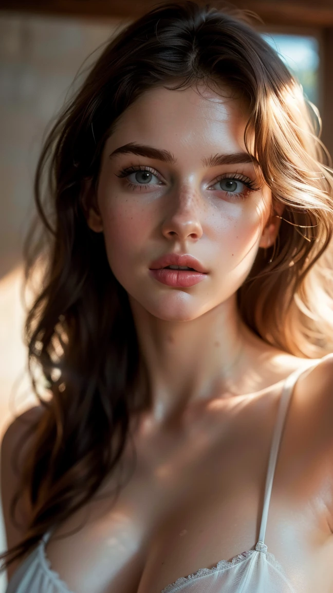(((ultra realistic))) Photo, masterpiece, top quality, (pale skin), (Ultra detailed face and eyes:1.3), 1 girl, Adult, in a T-shirt, (Eye makeup, mascara) , ((large detailed lips)), ((ash wavy hair)), ((Chyolka)) , (Natural medium breasts), Slim waist. ((Posing)), photoshoot, studio (soft lighting), (The play of light and shadows), depth of field, bokeh, (special attention to skin detail: 1.2), Detailed leather texture, skin pores. (Airy atmosphere of the frame. Color range - delicate, Bright, white, Pink tones), UDR, ((Film grain)), ((rays)), ((glare of the sun)), ((waist up portrait, close to the camera)) , ultra detialed,