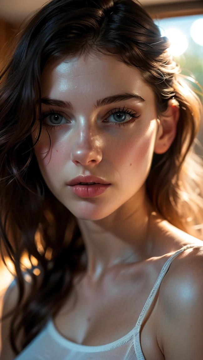 (((ultra realistic))) Photo, masterpiece, top quality, (pale skin), (Ultra detailed face and eyes:1.3), 1 girl, Adult, in a T-shirt, (Eye makeup, mascara) , ((large detailed lips)), ((ash wavy hair)), ((Chyolka)) , (Natural medium breasts), Slim waist. ((Posing)), photoshoot, studio (soft lighting), (The play of light and shadows), depth of field, bokeh, (special attention to skin detail: 1.2), Detailed leather texture, skin pores. (Airy atmosphere of the frame. Color range - delicate, Bright, white, Pink tones), UDR, ((Film grain)), ((rays)), ((glare of the sun)), ((waist up portrait, close to the camera)) , ultra detialed,