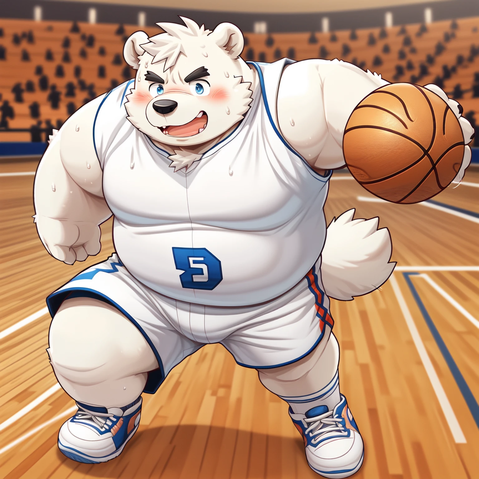 New Jersey 5 Furry,polar bear,(basketball court),(play basketball),((sunshine)),Masterpiece,Highest image quality,Chubby,Fat,Thick arms,Rugged muscles,(((White plush fur))),Solitary,Chubbyè¸,((Black eyebrows)),Sky blue eyes,((ahoge)),solitary,(sweat),(smirk:1.2),((Hip bulge)),blush,((correct pink paw)),basketball clothes,basketball pants,basketball shoes,the audience behind