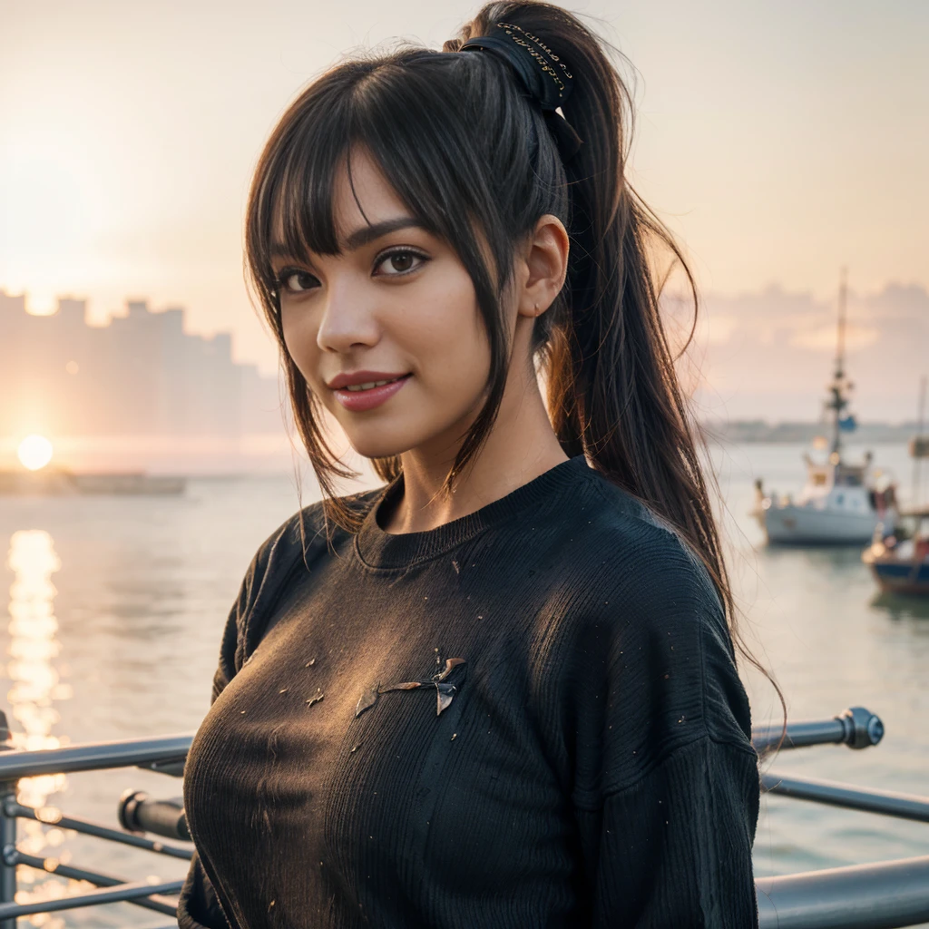 The Sunset City actress is a very beautiful Western adult woman. Sorriso feliz.rosto sexy, (Hair tied in a ponytail),(The bangs are transparent fringes), wears a black sweatshirt (grampo、rabo de cavalo、Cabelo flutuante、),.(super accent: 1.3), use the sunset like lighting, cinematic light, (mesa, maximum quality, ultra high resolution output image,), (8k quality,), (marine art mode 2: 1.3), (UltraHD image mode,)