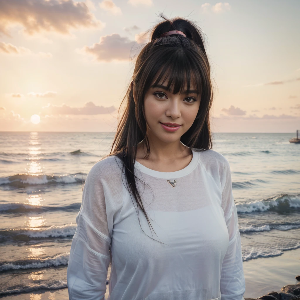 The Sunset City actress is a very beautiful Western adult woman. Sorriso feliz.rosto sexy, (Hair tied in a ponytail),(The bangs are transparent fringes), wears a black sweatshirt (grampo、rabo de cavalo、Cabelo flutuante、),.(super accent: 1.3), use the sunset like lighting, cinematic light, (mesa, maximum quality, ultra high resolution output image,), (8k quality,), (marine art mode 2: 1.3), (UltraHD image mode,)