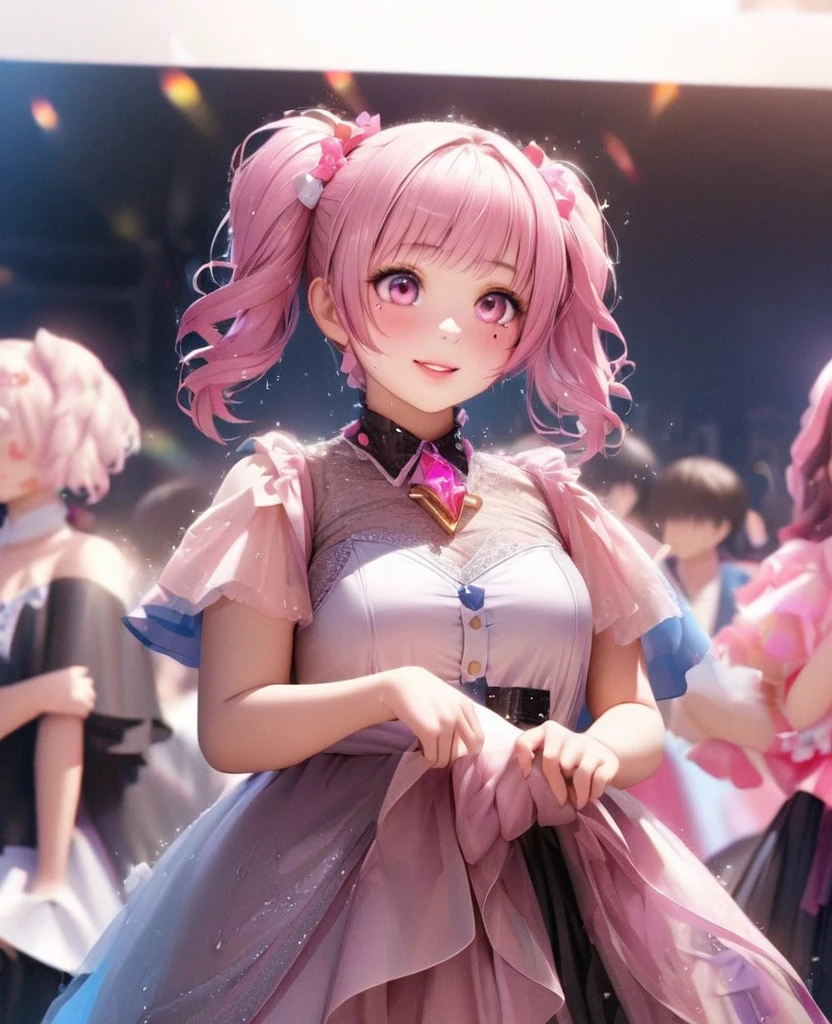 One Girl、Looking at the audience、lovely,
Beautiful pink eyes、short twin tail hair , Mole under the eye、Plump and glossy lips、Heart-shaped choca、Idol、Her name is Rico,smile、ー、。.。.。.。.。.。.。.。.。.。.。.。.。.。.。.。.。.。.3D、Realistic、
The idol's costume was soaked in the heavy rain, and her chest was wet and transparent.Heavy rain at outdoor concert, Drape clothes、gem、The decoration has been removed、Floral、Lace trim,On a glittering stage、
masterpiece、highest quality、8k、Detailed skin texture、Detailed cloth texture、Beautifully detailed face、Intricate details、Very detailed、
超A high resolution、8k Ultra HD、Film Grain、Best Shadow、delicate、Gazing at the audience、front