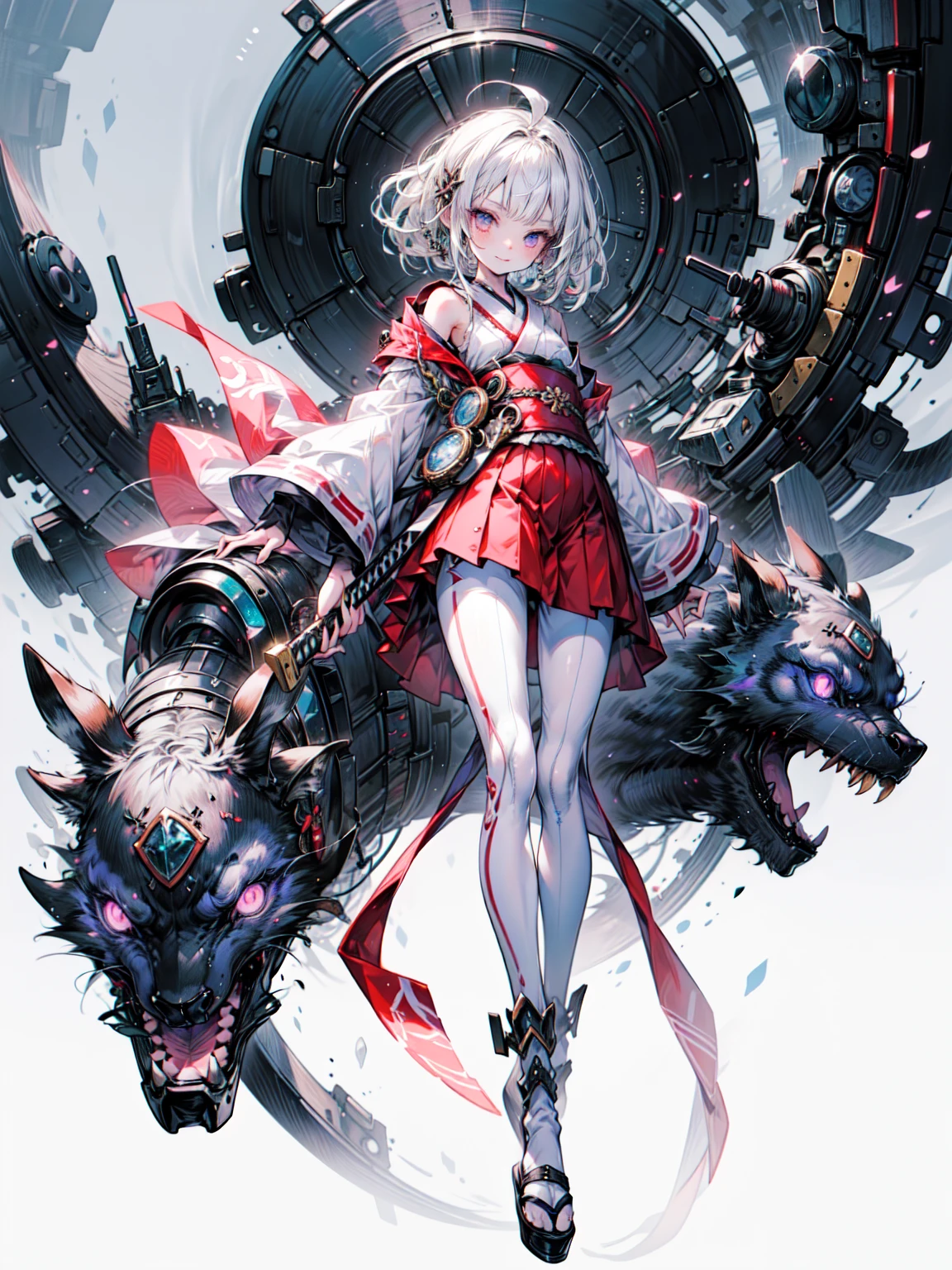 girl in anime style, dressed as samurai with traditional Japanese and holding katana on her back, stands against the background of white space. She has short hair, wears skirt over long pants, light gray shirt, black tights, brown shoes, and bag around her shoulder, cute face, manga character design, full body portrait, with simple flat color background. Blake、（Dark Elf), (1 Girl), alone, Perfect Face, Get used to it, Ahoge, ((Long Hair:1.2)),[[Messy Hair]], Shiny blonde white hair, Purple eyes, Variegated eyes, Colorful Hair, Shining Eyes, (eyelash, eye shadow, pink eye shadow), bright, smile, Design Art：Haruhiko Mikimoto, by Kawashi, by Yoshitaka Amano