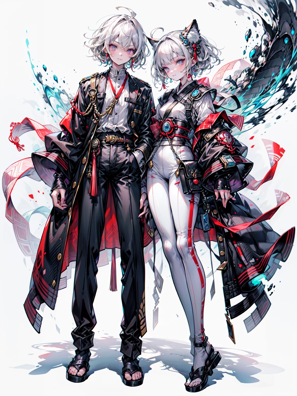 girl in anime style, dressed as samurai with traditional Japanese and holding katana on her back, stands against the background of white space. She has short hair, wears skirt over long pants, light gray shirt, black tights, brown shoes, and bag around her shoulder, cute face, manga character design, full body portrait, with simple flat color background. Blake、（Dark Elf), (1 Girl), alone, Perfect Face, Get used to it, Ahoge, ((Long Hair:1.2)),[[Messy Hair]], Shiny blonde white hair, Purple eyes, Variegated eyes, Colorful Hair, Shining Eyes, (eyelash, eye shadow, pink eye shadow), bright, smile, Design Art：Haruhiko Mikimoto, by Kawashi, by Yoshitaka Amano