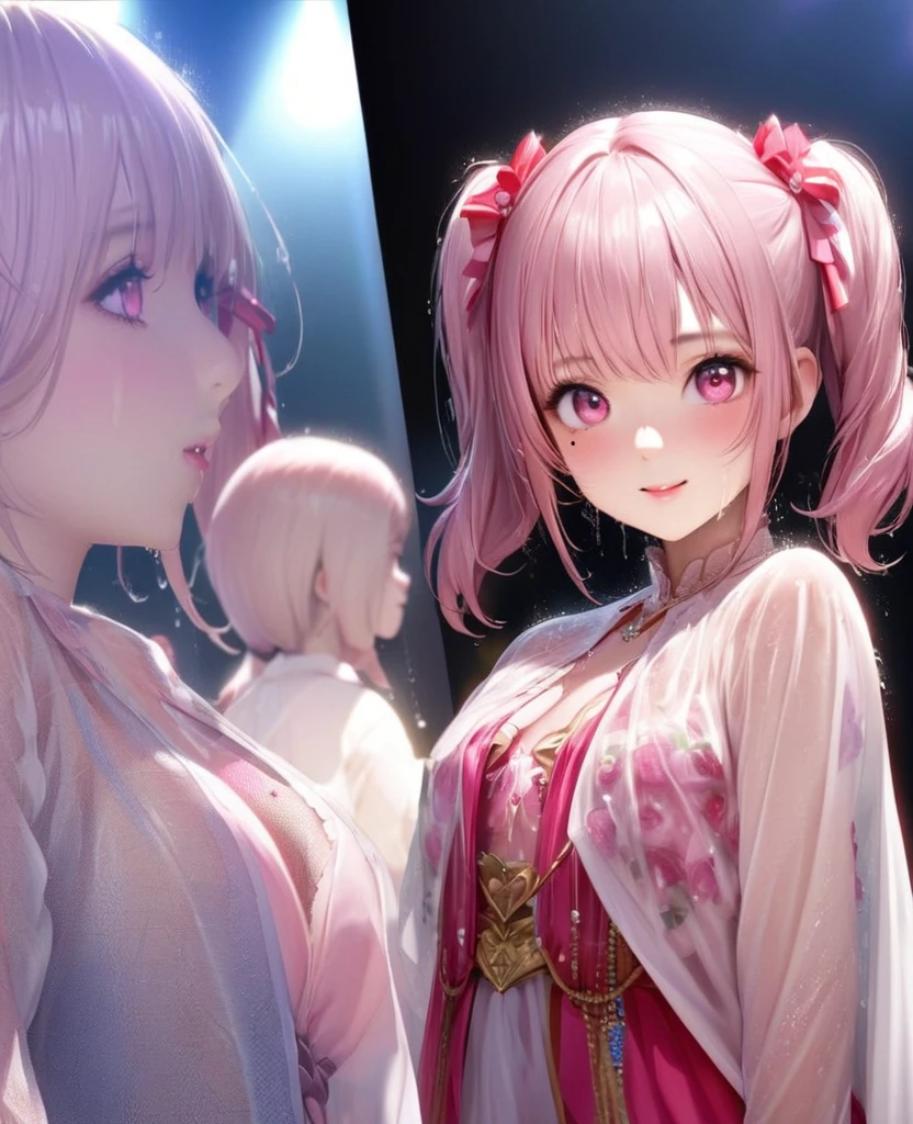 One Girl、Looking at the audience、lovely,
Beautiful pink eyes、short twin tail hair , Mole under the eye、Plump and glossy lips、Heart-shaped choca、Idol、Her name is Rico,smile、ー、。.。.。.。.。.。.。.。.。.。.。.。.。.。.。.。.。.。.3D、Realistic、
The idol's costume was soaked in the heavy rain, and her chest was wet and transparent.Heavy rain at outdoor concert, Drape clothes、gem、The decoration has been removed、Floral、Lace trim,On a glittering stage、
masterpiece、highest quality、8k、Detailed skin texture、Detailed cloth texture、Beautifully detailed face、Intricate details、Very detailed、
超A high resolution、8k Ultra HD、Film Grain、Best Shadow、delicate、Gazing at the audience、front