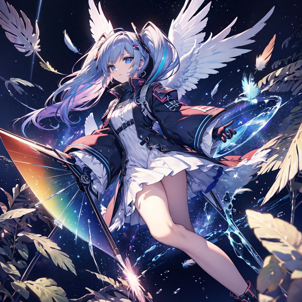((Archangel Fantasy Rainbow Hair Make your hair rainbow-colored on the inside Twin tails Dull blue eyes)) ((Has a galaxy uniform Put on a coat without putting your arms through it)) (((Wings many times larger than mine Gradient Feathers Glass Feather))) Pillar of Light cyber punk Smiling Kindly front)) ((tears gloves)) (Broken glass Rolling Pebbles Distorted Space-Time star) Catch the wind milky way Shining Background Particles of light rainbow colored edges Shining Edge star