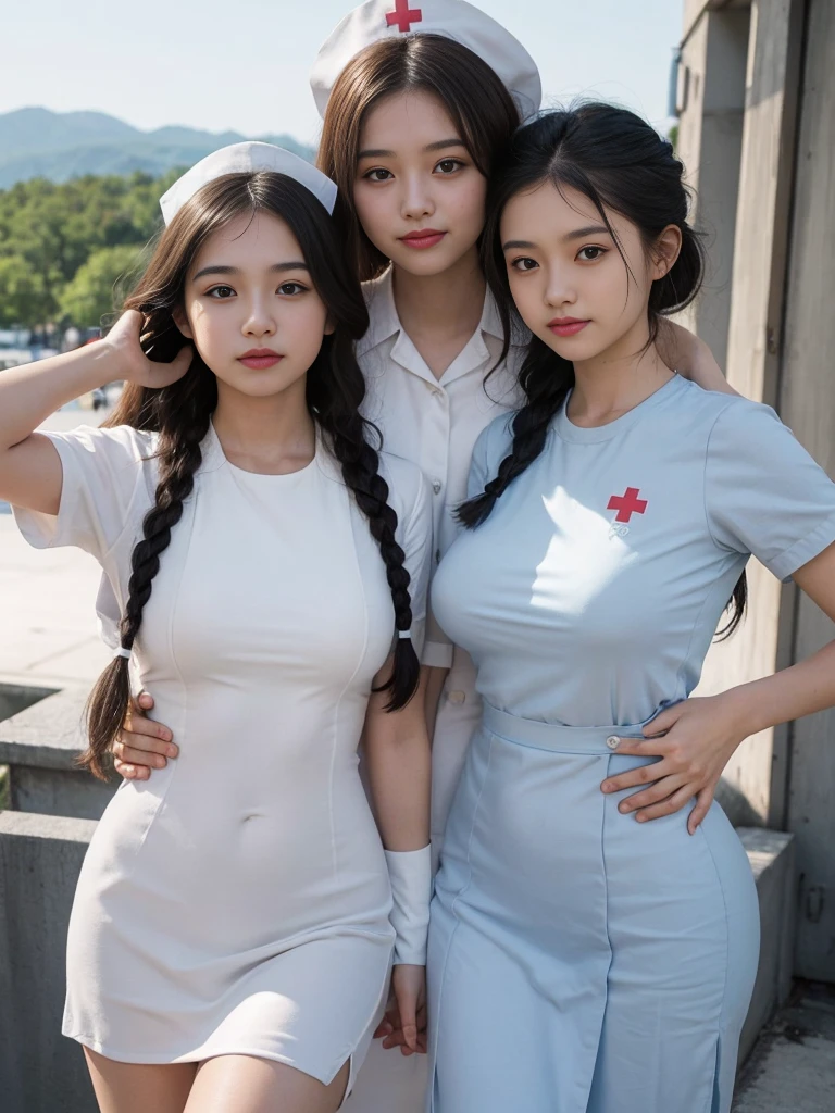 (A trio of cute Romanian junior high school nurses in nurse uniforms take a commemorative photo:1.3)(smile:1.2)(13 years old:1.5)(Beautiful Romanian  nurse drenched in sweat:1.2)(Huge boobs,:1.2),(Sweating profusely)(Tight nurse outfit:1.5)(Huge boobs:1.2)(Huge boobs)(Elegant, shiny, cute braided long hair fluttering in the strong wind:1.3)(A big smile:1.1)(Tight nurse outfitt:1.1)solo、NSFW,８K,(She&#39;s very skinny but has big breasts:1.4), Small face,Small Face:1.Perfect Anatomical Body Proportions、(NSFW:1.2)(necklace,Shiny, glossy blonde hair,Shiny white-pink hair,Silver Hair,Beautiful brown hair,Medical Record,Stethoscope,Mr.々Nurse uniform in various colors,Earrings:1.4),(Burstingly huge breasts: 1.2)(huge boobs:1.2)(Tight lab coat:1.2)(nurse station:1.2)(Group photo:1.1)