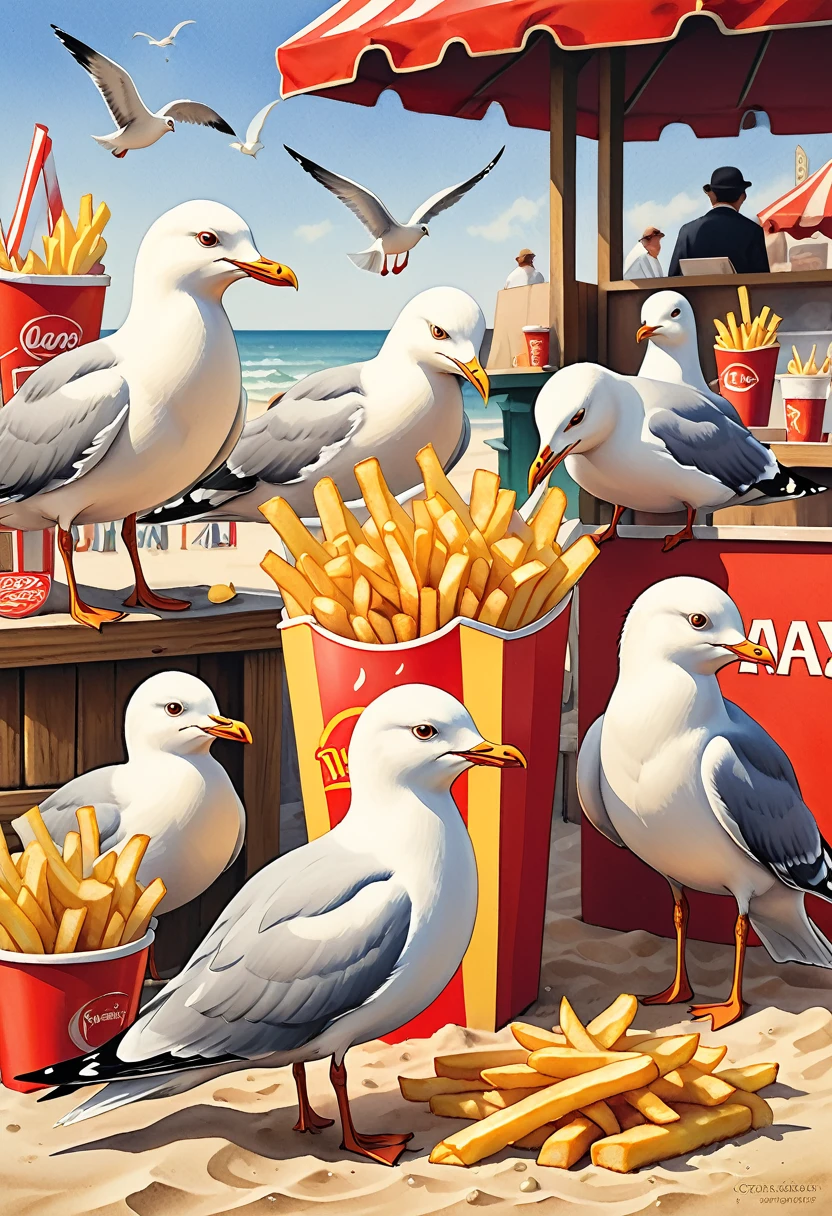 
               （perfect anatomy）A flock of cute seagulls(close up)Eating french fries at the sand stall (No one talks to the store) Detail intricate detailed clear art surreal realism perfect, Beautifully, Intricate illustrations, Textured，Fine brushwork watercolor illustration in artistic masterpiece art style