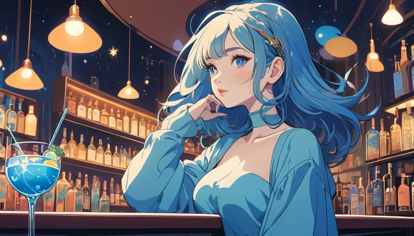 Beautiful woman,Blue cocktail in a bar, Wide-angle lens, Lofi Anime, Lofi illustration, Aesthetic atmosphere, Lo-Fi Style, Vector art, Flat Design, Simple shape, Warm tones, Pleasant atmosphere, Chill, In anime style, Digital drawing, Vector art, Vector logo for t-shirt printing, (Adorable:1.5), (small:1.4), (Playful:1.2), (soft:1.3), (Whimsical:1.1), masterpiece, Highest quality, 8k, Intricate details, grow, Celestial, Mysterious, Picturesque, amazing, Majestic, Magic, Fantasy art, Cover art, dream-like