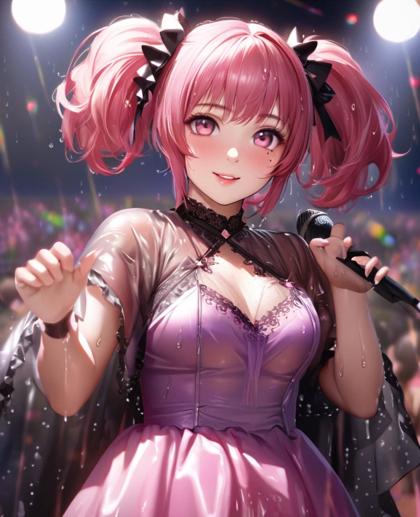 One Girl、Looking at the audience、lovely,
Beautiful pink eyes、short twin tail hair , Mole under the eye、Plump and glossy lips、Heart-shaped choca、Idol、Her name is Rico,smile、ー、。.。.。.。.。.。.。.。.。.。.。.。.。.。.。.。.。.。.3D、Realistic、
The idol's costume was soaked in the heavy rain, and her chest was wet and transparent.Heavy rain at outdoor concert, Drape clothes、gem、The decoration has been removed、Floral、Lace trim,On a glittering stage、
masterpiece、highest quality、8k、Detailed skin texture、Detailed cloth texture、Beautifully detailed face、Intricate details、Very detailed、
超A high resolution、8k Ultra HD、Film Grain、Best Shadow、delicate、Gazing at the audience、front