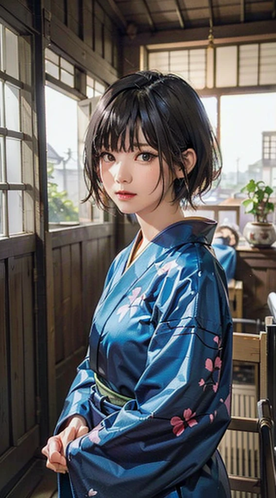 (Realistic)、(Realistic:1.2)、(High resolution)、Very detailed、Very beautiful face and eyes、1 girl、Delicate body、(highest quality、Attention to detail、Rich skin detail)、(highest quality、8k、Oil paint:1.2)、Very detailed、(Realistic、Realistic:1.37)、Bright colors、Full Body Shot,black_hair, Beautiful 8k eyes,Looking_in_Audience,One person in,Are standing,((Very beautiful woman, Fuller lips, Japanese pintern kimono))、((Colorful Japanese kimono)))、(((blackhair)))、(((Blunt bung,short hair)))、((( Inside an old Japanese house with a (short focus :1.4),)))、(masterpiece, highest quality, highest quality, Official Art, beautifully、aesthetic:1.2),(Fractal Art:1.3),Sengoku period、Greg Rutkowski Written by Alphonse Mucha Ropp,short ,uchikake,nishijin ori,(realistic light and shadow), (real and delicate background),(muted colors, dim colors, soothing tones:1.3), low saturation, (hyperdetailed:1.2), (noir:0.4),drow,blurry_light_background, (vibrant color:1.2), cinematic lighting, ambient lighting,Single Shot,Shallow Focus,pink lip,blurry light background