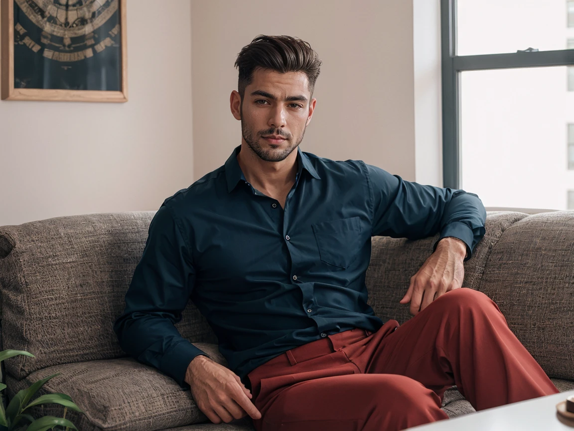 shot by Sony a7 IV Mirrorless Camera, natural light, analog film photo, Kodachrome , handsome men ,Long sleeve shirt and loose pants .sofa
