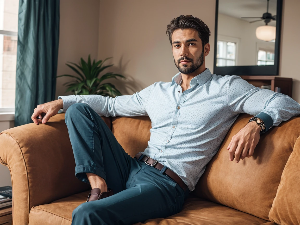 shot by Sony a7 IV Mirrorless Camera, natural light, analog film photo, Kodachrome , handsome men ,Long sleeve shirt and loose pants .sofa