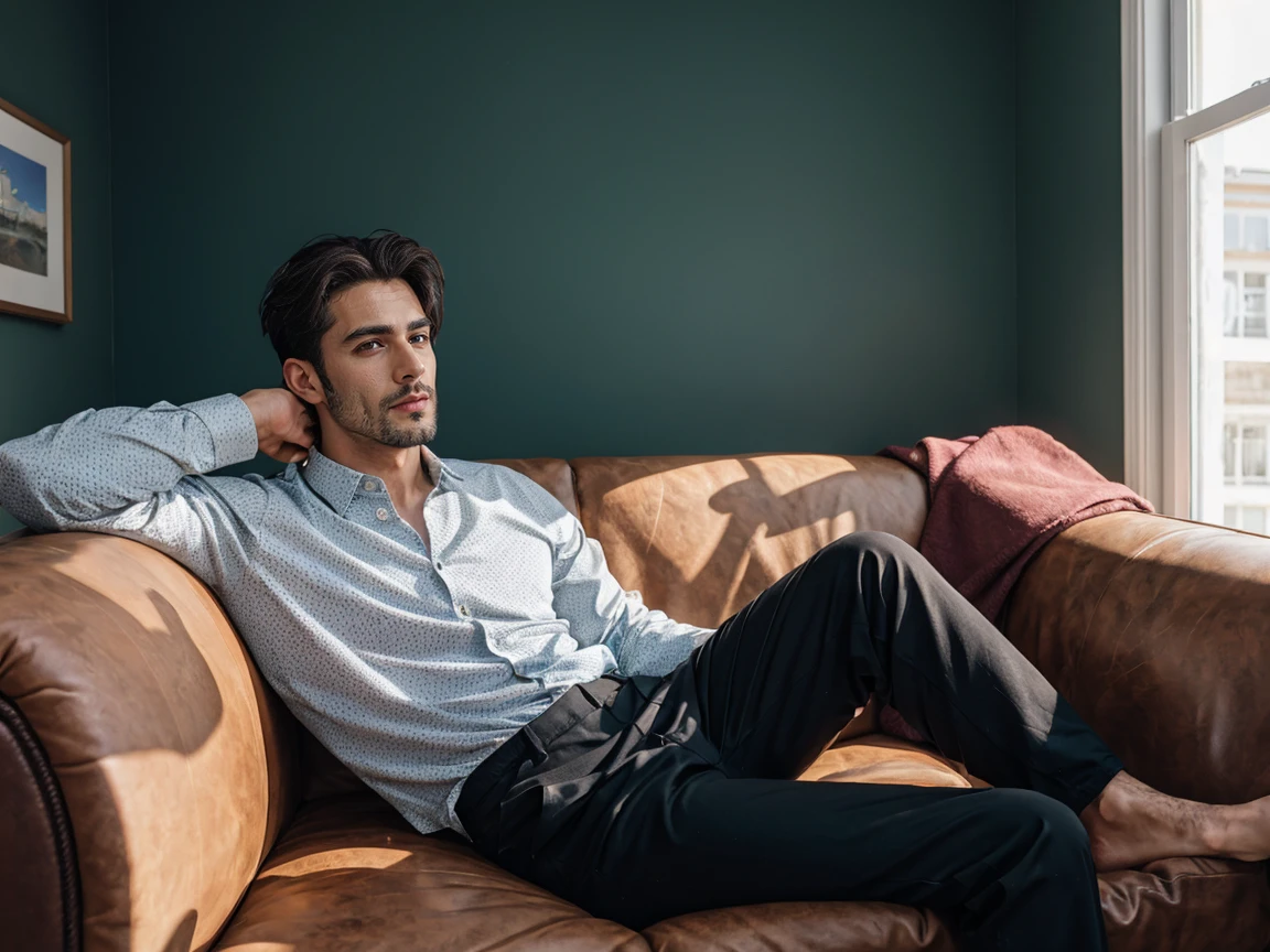 shot by Sony a7 IV Mirrorless Camera, natural light, analog film photo, Kodachrome , handsome men ,Long sleeve shirt and loose pants .sofa