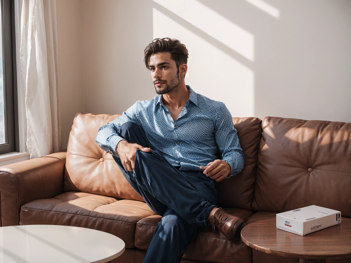 shot by Sony a7 IV Mirrorless Camera, natural light, analog film photo, Kodachrome , handsome men ,Long sleeve shirt and loose pants .sofa
