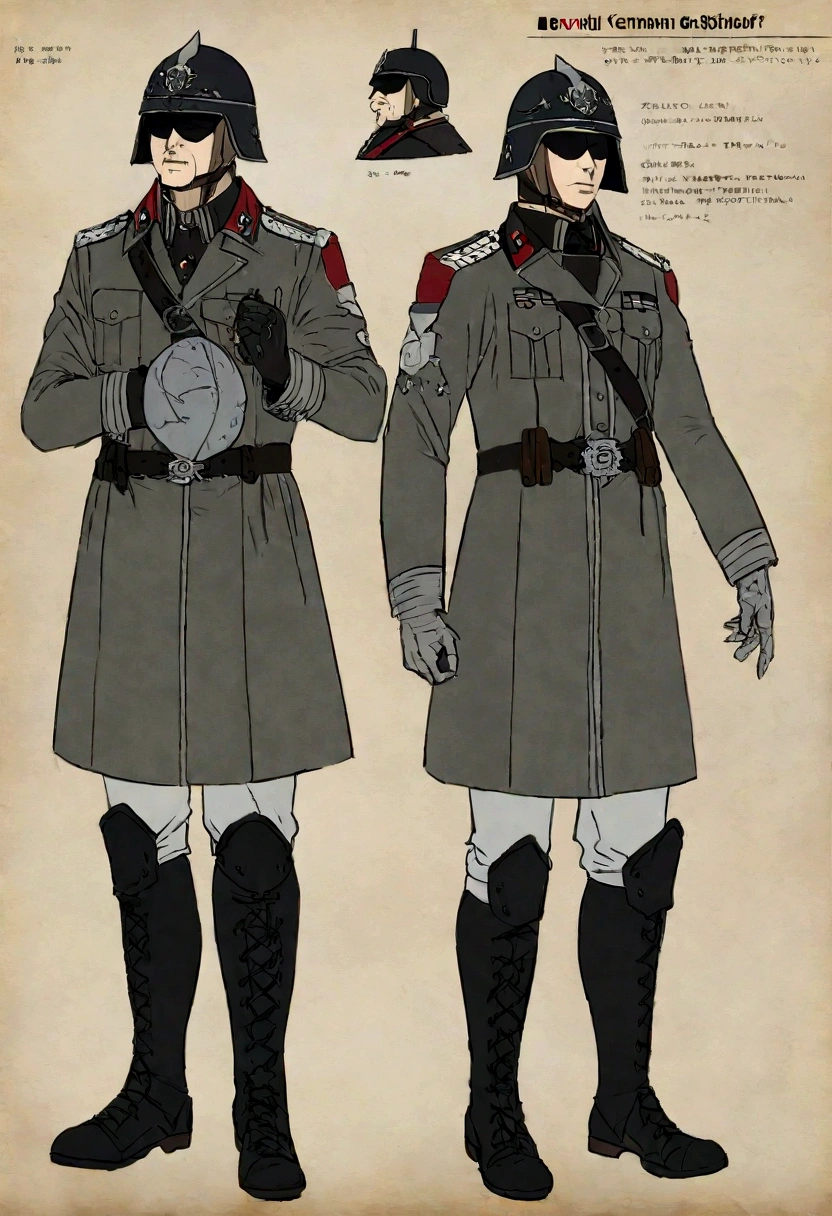 War in Europe，WWI，World War，German Empire，Germany，German soldiers，Male soldiers，Prussian steel helmet，prussia，grey uniform，Iron-blooded Berlin style ,Iron Cross，iron cross，trench，Trench warfare,single character,reference sheet, german stalhelm