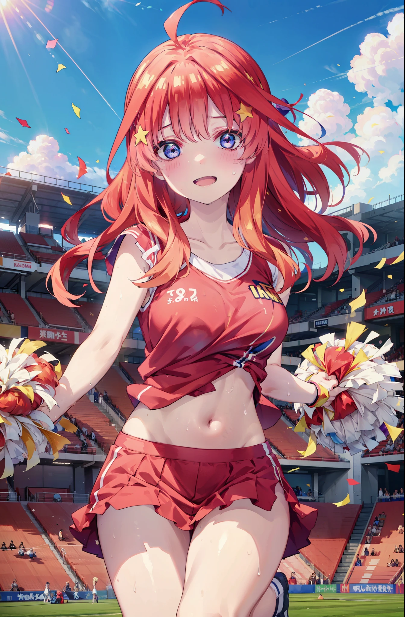 itsukinakano, Itsuki Nakano, bangs, blue eyes, hair between eyes, Ahoge, Redhead, star \(symbol\), happy smile, smile, Open your mouth,hair ornaments, star hair ornaments,(cheer leading), (whole body), Big Breasts, Lower, (Sweaty), Sweaty Wet Clothes (Red clothes),  No sleeve,Belly button support, playground, (Jump), (Jump), 足を曲げてJumpする, air, blue sky, Grass原, smileのチアリーダー, Pom-pom \(cheer leading\), Grass, whole bodyがイラストに入るように,
break outdoors, Stadium,
break looking at viewer, whole body,
break (masterpiece:1.2), Highest quality, High resolution, unity 8k wallpaper, (shape:0.8), (Fine and beautiful eyes:1.6), Highly detailed face, Perfect lighting, Highly detailed CG, (Perfect hands, Perfect Anatomy),