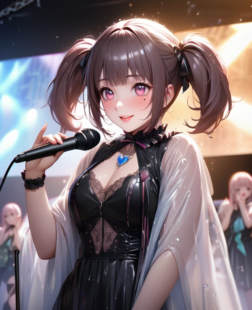One Girl、Looking at the audience、lovely,
Beautiful pink eyes、short twin tail hair , Mole under the eye、Plump and glossy lips、Heart-shaped choca、Idol、Her name is Rico,smile、ー、。.。.。.。.。.。.。.。.。.。.。.。.。.。.。.。.。.。.3D、Realistic、
The idol's costume was soaked in the heavy rain, and her chest was wet and transparent.Heavy rain at outdoor concert, Drape clothes、gem、The decoration has been removed、Floral、Lace trim,On a glittering stage、
masterpiece、highest quality、8k、Detailed skin texture、Detailed cloth texture、Beautifully detailed face、Intricate details、Very detailed、
超A high resolution、8k Ultra HD、Film Grain、Best Shadow、delicate、Gazing at the audience、front
