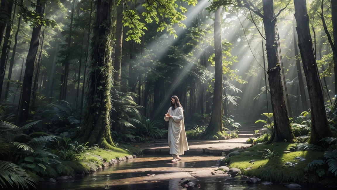 Create an image of Jesus Christ in a lush, enchanted forest. Jesus should be depicted with a serene and gentle expression, walking among ancient trees and vibrant flora. His presence should illuminate the forest with a soft, divine light, causing flowers to bloom and animals to gather around Him in harmony. The scene should include streams of sunlight filtering through the canopy, adding a magical and ethereal quality to the environment. The overall atmosphere should evoke a sense of peace, wonder, and the divine connection between nature and the Creator.