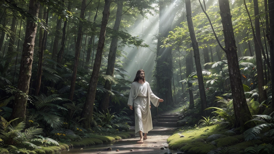 Create an image of Jesus Christ in a lush, enchanted forest. Jesus should be depicted with a serene and gentle expression, walking among ancient trees and vibrant flora. His presence should illuminate the forest with a soft, divine light, causing flowers to bloom and animals to gather around Him in harmony. The scene should include streams of sunlight filtering through the canopy, adding a magical and ethereal quality to the environment. The overall atmosphere should evoke a sense of peace, wonder, and the divine connection between nature and the Creator.