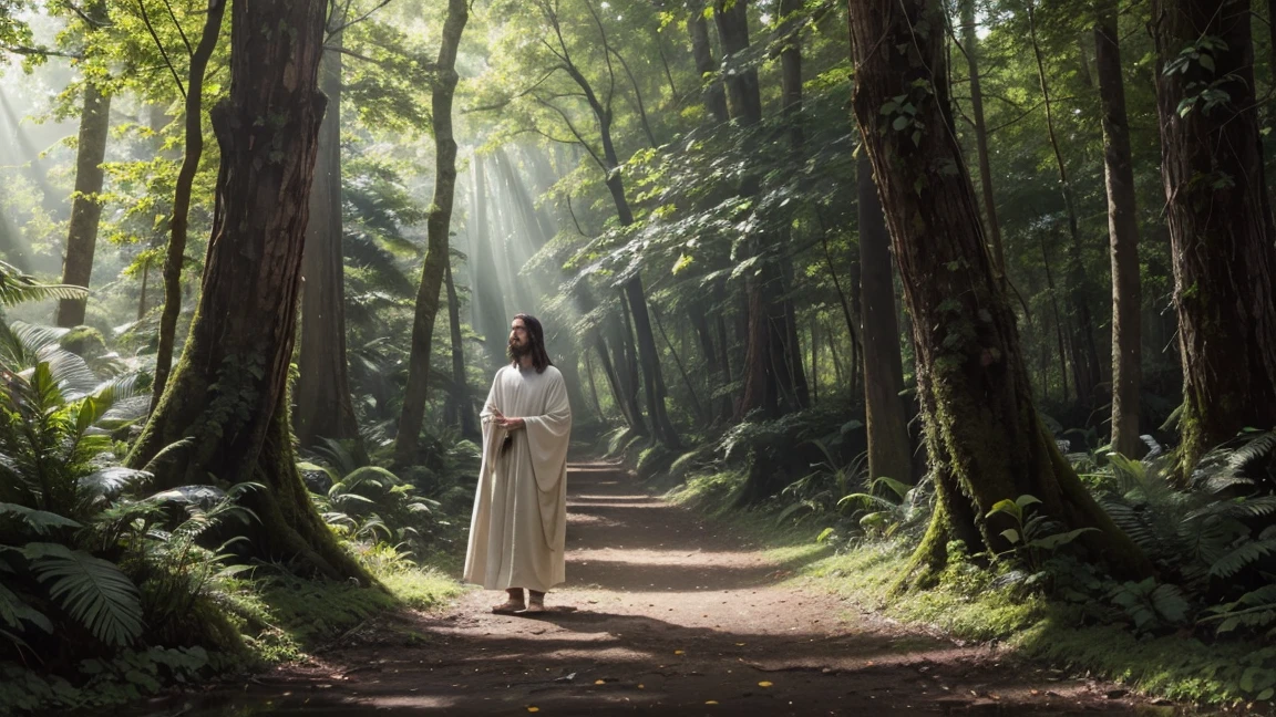Create an image of Jesus Christ in a lush, enchanted forest. Jesus should be depicted with a serene and gentle expression, walking among ancient trees and vibrant flora. His presence should illuminate the forest with a soft, divine light, causing flowers to bloom and animals to gather around Him in harmony. The scene should include streams of sunlight filtering through the canopy, adding a magical and ethereal quality to the environment. The overall atmosphere should evoke a sense of peace, wonder, and the divine connection between nature and the Creator.