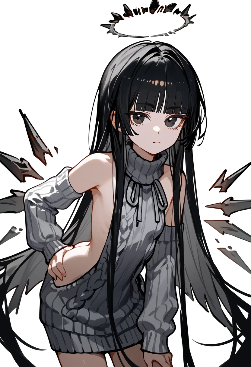 score_9, score_8_up, score_7_up, sketch, 1girl, VirtuosaBase, (chibi:0.7), black hair, blunt bangs, long hair, broken halo, energy wings, black eyes, mole under right eye, small breasts, virgin killer sweater, detached sleeves, gray sweater, hand on hip, leaning forward, looking at viewer, upper body, zoom out, white background,