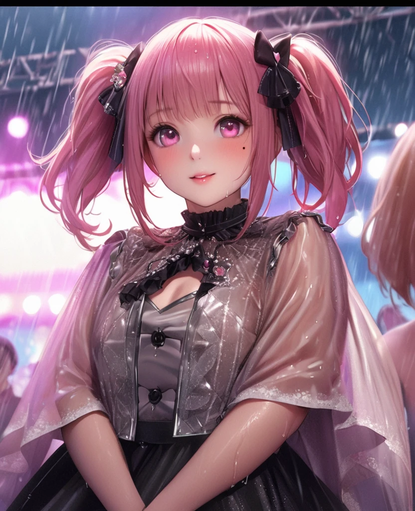 One Girl、Looking at the audience、lovely,
Beautiful pink eyes、short twin tail hair , Mole under the eye、Plump and glossy lips、Heart-shaped choca、Idol、Her name is Rico,smile、ー、。.。.。.。.。.。.。.。.。.。.。.。.。.。.。.。.。.。.3D、Realistic、
The idol's costume was soaked in the heavy rain, and her chest was wet and transparent.Heavy rain at outdoor concert, Drape clothes、gem、The decoration has been removed、Floral、Lace trim,On a glittering stage、
masterpiece、highest quality、8k、Detailed skin texture、Detailed cloth texture、Beautifully detailed face、Intricate details、Very detailed、
超A high resolution、8k Ultra HD、Film Grain、Best Shadow、delicate、Gazing at the audience、front