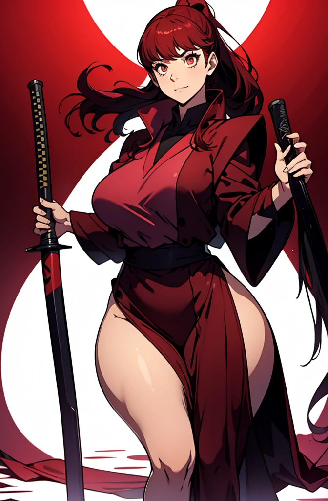 high, female, 17 years old, oluptuous figure, tightsuit, red hair, red decolored hair, alone, samurai class, persona 5 style, human, beautifull face, long hair, defined body, red and bright eyes, thick legs, strong legs, tall, Voluptuous legs, black robes, huge ass, big hip, big ass, black and red robes, tall girl, magic powers, expert with katana,