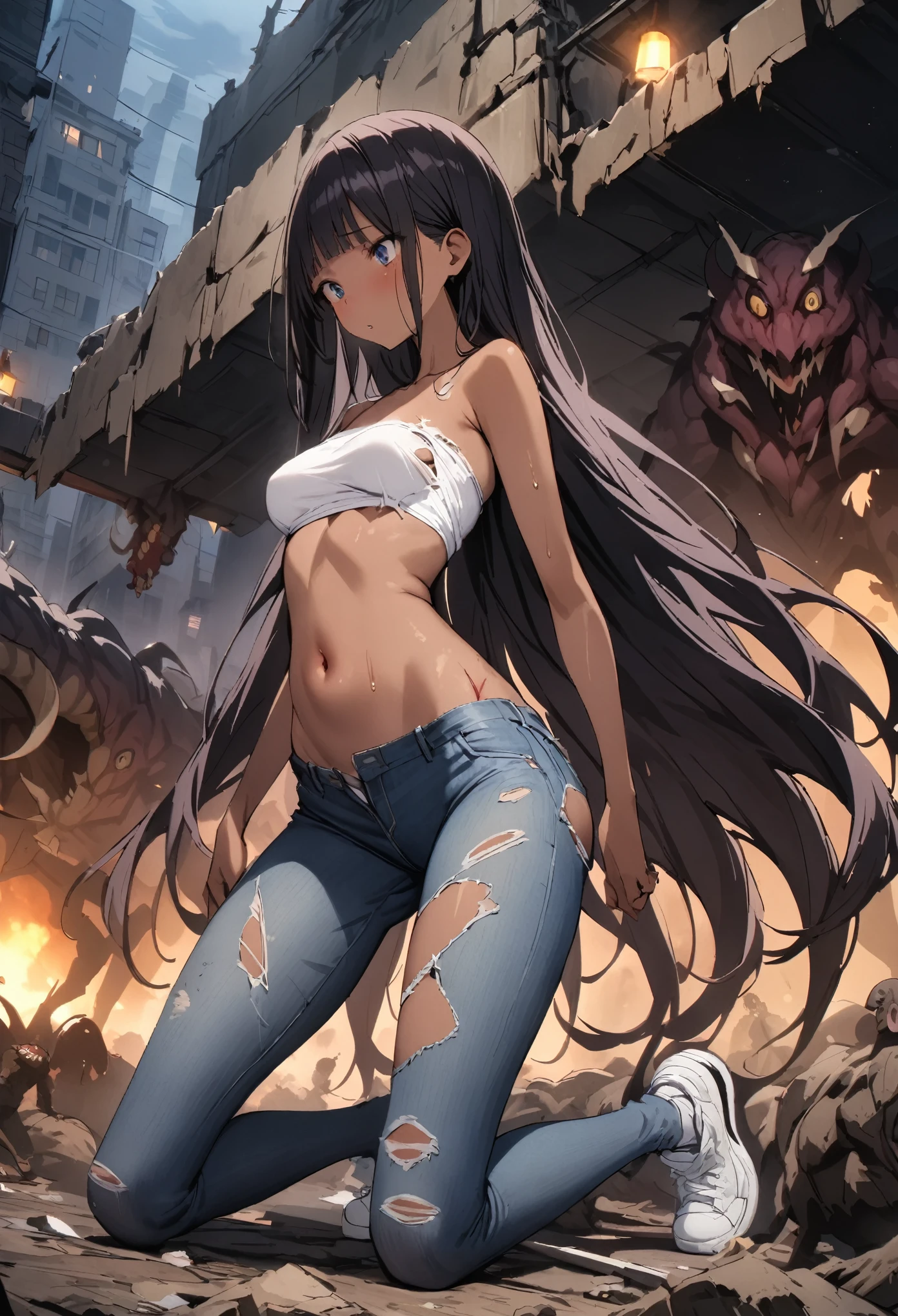 Many monsters attack、(((masterpiece, Highest quality:1.3,absurdres))),nsfw,25 year old beauty,solo,((very small head:1.3)),long hair,bangs,dark blue hair,dark blue eyes,gorgeous eyes,Pain、medium breasts,((very long body:1.2)),((toned body,slender body)),skinny,(tan skin),gleaming skin,shiny skin,sweat,((ripped jeans)),((White tube top,navel、Injury、Torn clothing)),White sneakers、kneeling,(Bitten by a monster、Lots of monsters),Collapsed building,Tokyo、at night、