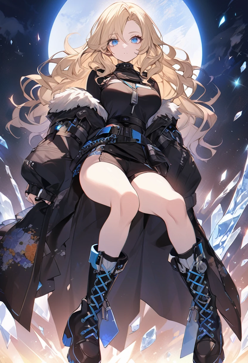 Blonde Wavy Hair Blue Eyes Fair skin Break Japanese Expressionless Mature beautiful girl 168㎝ Different world Punk Fashion dawn sun iceの地面 Diamond dust Large Breasts Beautiful buttocks Beautiful feet thin feet strict ice Black boots