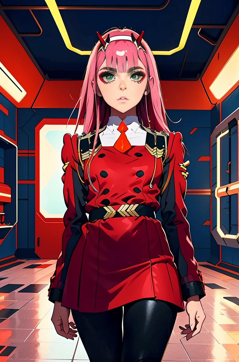 Zero-Two, Long straight and shiny pink hair, small white tiara with two small red horns, (white tiara), straight bangs cover the forehead, green eyes, mascara makeup, eyeshadow makeup, red military uniform with gold metal details on the shoulders, small story black with gold metal detail on the double buckle, white collar with small orange tie, six black buttons, three on each side on the front of the uniform, long red sleeves with black detail, , ((red skirt)), red skirt on top in black tight pants, inside a futuristic room with white neon lighting, teenagers in the background.