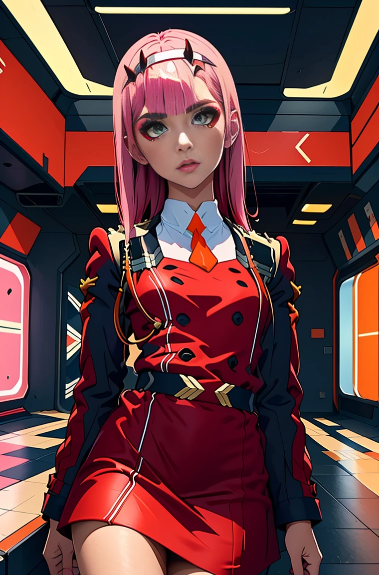 Zero-Two, Long straight and shiny pink hair, small white tiara with two small red horns, (white tiara), straight bangs cover the forehead, green eyes, mascara makeup, eyeshadow makeup, red military uniform with gold metal details on the shoulders, small story black with gold metal detail on the double buckle, white collar with small orange tie, six black buttons, three on each side on the front of the uniform, long red sleeves with black detail, , ((red skirt)), red skirt on top in black tight pants, inside a futuristic room with white neon lighting, teenagers in the background.