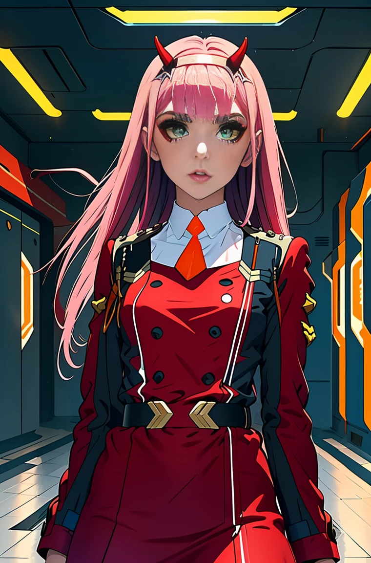 Zero-Two, Long straight and shiny pink hair, small white tiara with two small red horns, (white tiara), straight bangs cover the forehead, green eyes, mascara makeup, eyeshadow makeup, red military uniform with gold metal details on the shoulders, small story black with gold metal detail on the double buckle, white collar with small orange tie, six black buttons, three on each side on the front of the uniform, long red sleeves with black detail, , ((red skirt)), red skirt on top in black tight pants, inside a futuristic room with white neon lighting, teenagers in the background.