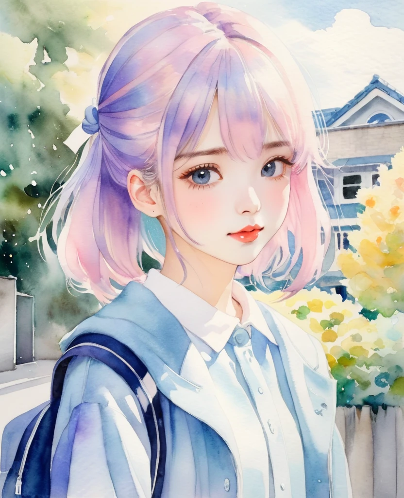 Watercolor, pastel colour,woman、high school girl、