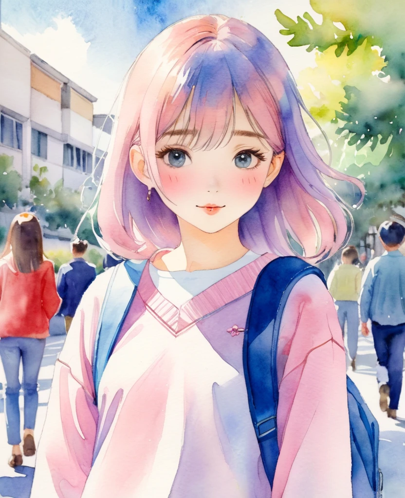Watercolor, pastel colour,woman、high school girl、