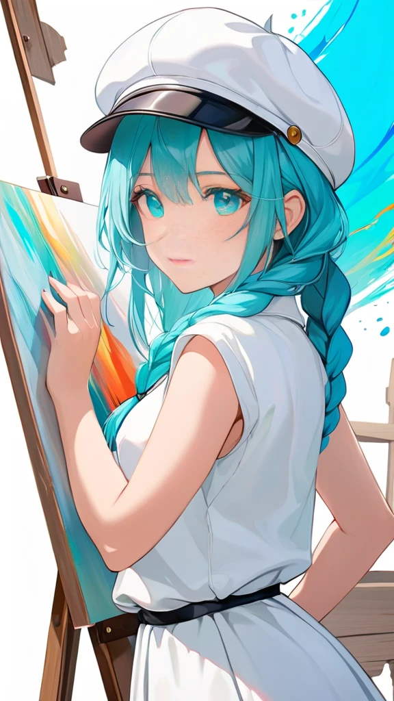 (Eyes:1.1), (Hands:1.1), (Fingers:1.1), Female, woman, mature, Beautiful, Humble, Kind, long hair upper waist Stright Braided Hairstyles, Aqua blue pupil eyes colour, bright cyan Hairs, leather white wear Newsboy Cap, white dress flowing with skirt, Painting on canvas, Anime style, vivid colours, (White backgrounds:1.1)