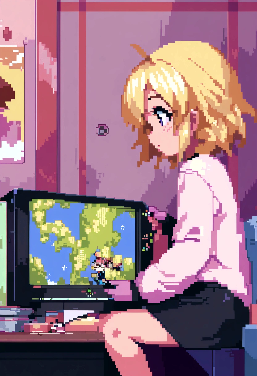 Pixel art,up,Cute top quality, masterpiece, Ultra-high resolution, Very detailed, Girl playing games, Anime illustration, Keyframe illustration, Digital anime art, Lo-fi Girl,, Anime-style illustrations, Lofi Art Style, Anime illustration