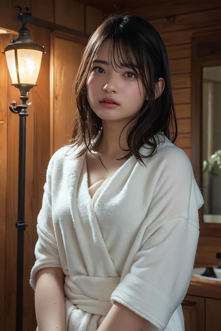 (Highest quality:1.4),(masterpiece:1.4),(Realistic:1.4),(Realistic:1.2),(超High resolution, RAW Photos:1.4),(High resolution, Ultra-detailed:1.2),(8k:1.2),View your viewers,Cinematic photography,a photo of a dark-haired,One girl,alone,((After bath,Completely naked,Damp Hair,Wrap a bath towel around your body,View from the front)),skeletally correct,(Western-style building interior,Dimly lit room,The lamplight shines on my cheeks)