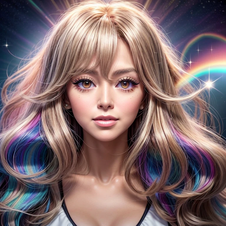 NSFW, 8k, High-level, absurd, masterpiece, best quality, primitive, very detailed CG, very detailed wallpaper, perfect lighting, Extremely detailed ((( personifying " Farrah Fawcett Majors " as a Little Girl))), MysticSight, Tyndall effect, Tyndall scattering, (Studio gray background with (Overflowing oodles Dazzling RainbowColorParticles (BokeH))), (RoundlyButts, ThighGap), (Exposed:0.4), (Assfocus with looking ahead) BREAK  (Acutance:0.88), (NOGIZAKA face variations) Extremely Detailed very KAWAII face variations, perfect anatomy, Childish, CaptivatingGaze ElaboratePupils detailed Eyes with (sparkling highlights:1.28), (Voluminous LongEyelashes、GlossyRED Lips with beautiful details, RosyCheeks, Radiant PearlSkin with Transparency . { (Dynamic LifeLike expressions:1.4) | :d) }, (large eyes:-1) .