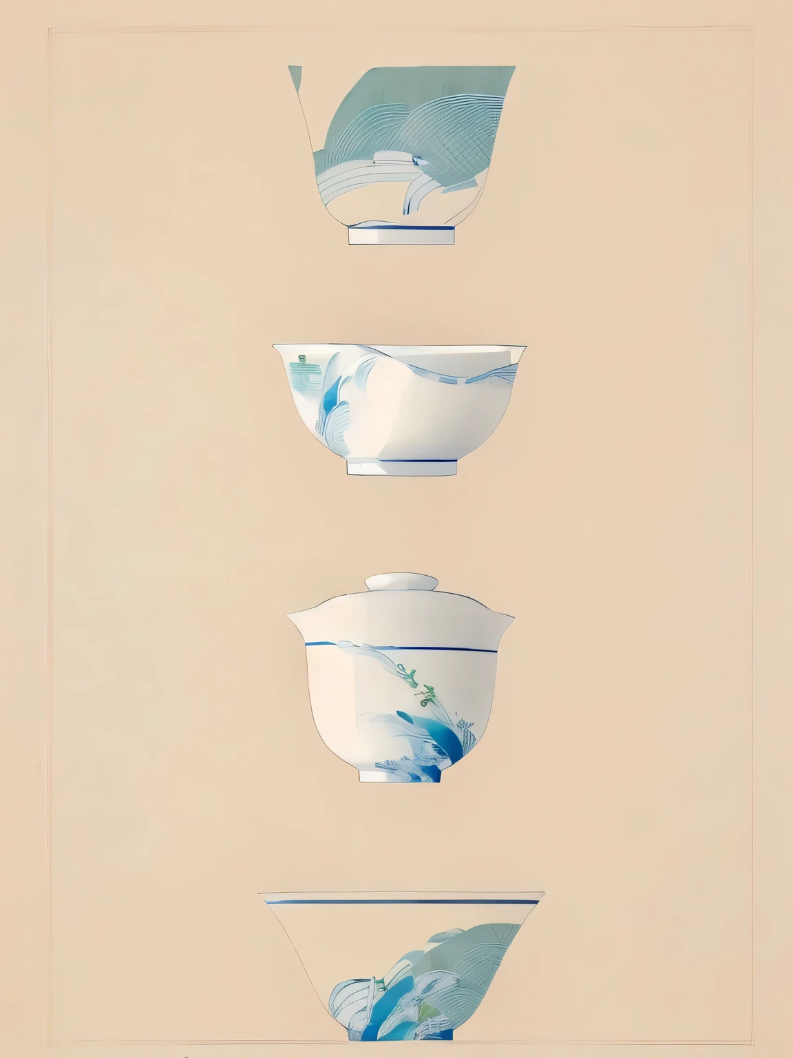 A close-up photograph of a bowl, minimalist illustration, strong line art, tea-themed bowl, clean white background, pronounced oil painting texture, simplified lines, clear edges, tea, tea leaves,green bowl,Paper background