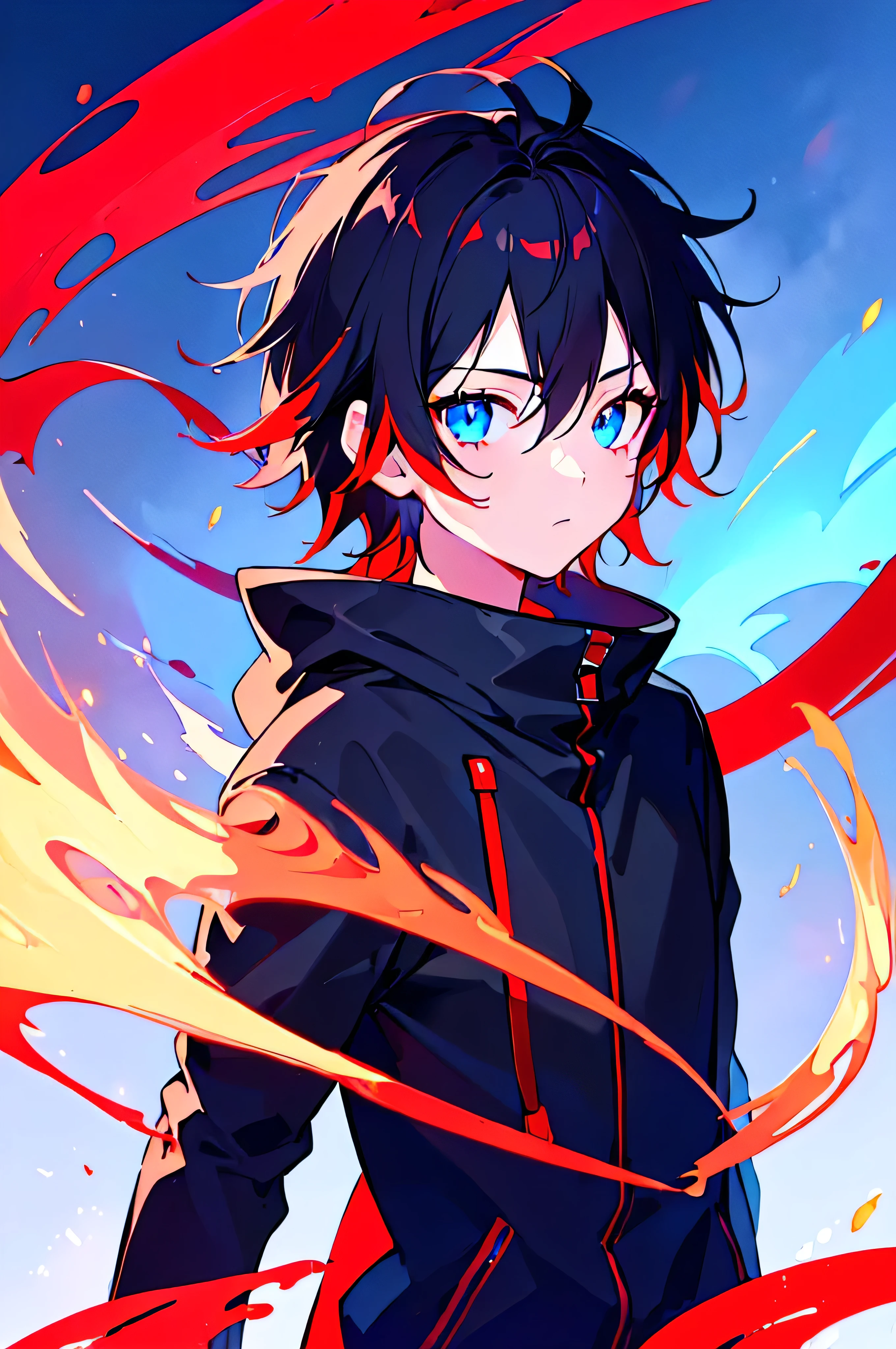 [(SKY BACKGROUND:1.5),::5], ((((masterpiece)))), high quality, ultra very high resolution, full color, (((solo))), ((little boy)), black hair, ((red streaked hair)), blue eyes, anime, ((upper body)), neon light, black parka, (flame effect:1.2)