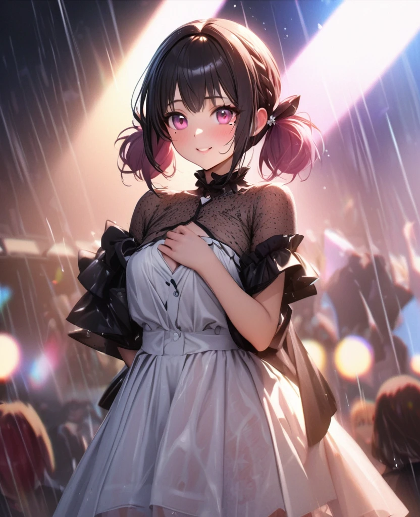 One Girl、Looking at the audience、lovely,
Beautiful pink eyes、short twin tail hair , Mole under the eye、Plump and glossy lips、Heart-shaped choca、Idol、Her name is Rico,smile、ー、。.。.。.。.。.。.。.。.。.。.。.。.。.。.。.。.。.。.3D、Realistic、
The idol's costume was soaked in the heavy rain, and her chest was wet and transparent.Heavy rain at outdoor concert, Drape clothes、gem、The decoration has been removed、Floral、Lace trim,On a glittering stage、
masterpiece、highest quality、8k、Detailed skin texture、Detailed cloth texture、Beautifully detailed face、Intricate details、Very detailed、
超A high resolution、8k Ultra HD、Film Grain、Best Shadow、delicate、Gazing at the audience、front