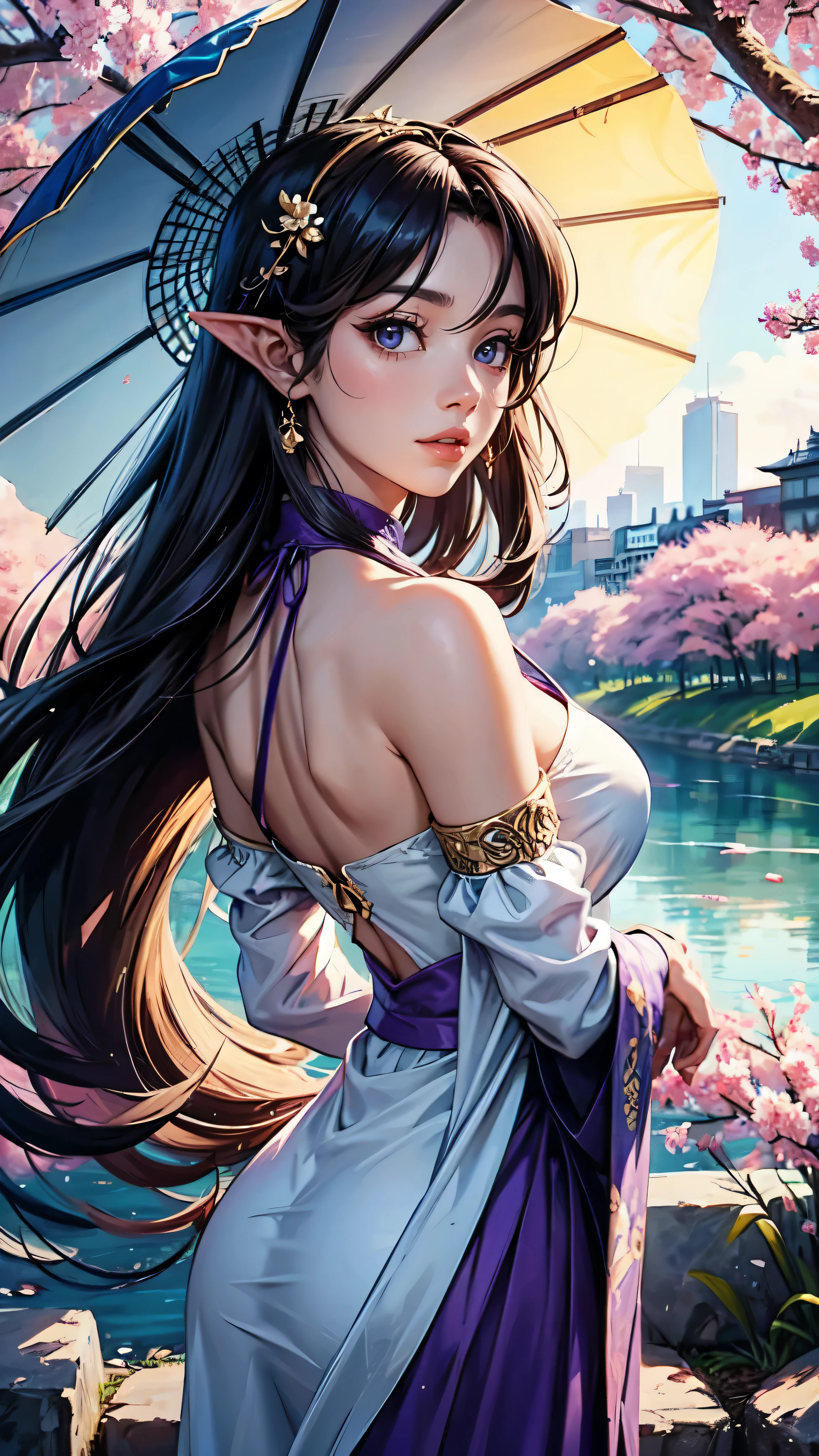 （masterpaintingelhor Quoridade），Riverside，There are many tall buildings across the river，profundidade de campo，perfect lighting，light particleelhor Quoridade），（masterpaintings），（hiper detalhado），sharp focus，light particles，a beautiful Chinese woman standing in a cherry blossom field with a sun hat and wearing purple halter dress, longos cabelos castanhos ondulados, wearing sunglasses, alto e magro, Beautiful, sorriso sutil, Olhando_em_espreitando o espectador，sorrir，sozinho，open sky_Clothes，Arms back，standingn, e de corpo inteiro，Japanese style costume，raio de sol，The tree，De boca aberta，Arms back，cabelos azuis，orelhas brancas，purples eyes, elf woman, detailed hands, detailed eyes, detailed face