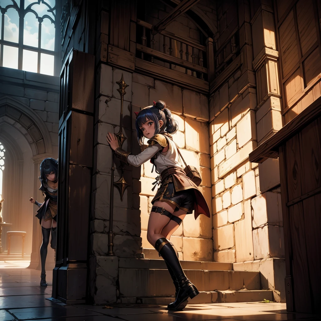 最high quality、high quality、Wearing a robe、１０Year-old girl adventurer、Climb the dungeon stairs、Shorts and spats、Equipped with a dagger and a leather shield、Inside the dim labyrinth