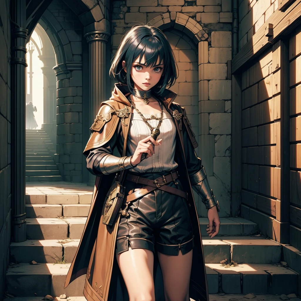 最high quality、high quality、Wearing a robe、10Year-old girl adventurer、Climb the dungeon stairs、Shorts and spats、Equipped with a dagger and a leather shield、Inside the dim labyrinth