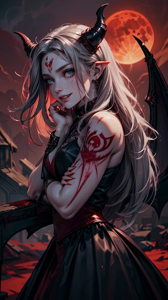 (Masterpiece: 1.2, best quality), (best lighting, very delicate and beautiful), (best lighting, very delicate and beautiful), (beautiful detailed face), (detailed eyes and detailed face: 1.2), dark fantasy, (young girl, little beast, 1girl, solo, crazy smile, pale skin, ((big tattoo with all over the body)), gray hair, red glowing eyes, dynamic angle, vampire), ( Get a vampire castle in the background), (red moon, red sky), pointy_ears, fangs, demon wings, demon horns, blood on face, blood rain, blood mist, (depth of field), high contrast, (blood splash: 1.4), cowboy shot, full body,detailed eyes, detailed face, detailed hands