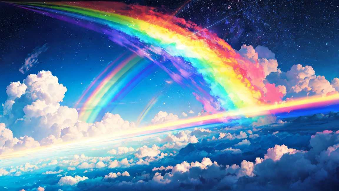 (bright), there is a rainbow in the sky with clouds and stars, ethereal rainbows, bright rainbow nimbus, ethereal rainbow nimbus, not human, rainbow bg, sunny rainbow galaxy stormy sea, rainbow in the sky, soft rainbow, So colorful and heavenly, rainbow clouds, rainbow colored clouds , pastel rainbow, Glowing sky sky background, rainbow background, Sky Color, rainbowの空, rainbow, rainbow colored, background