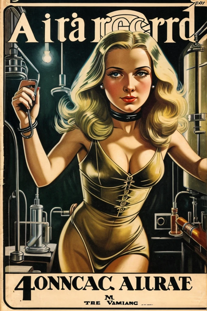 cover of a 1930s pulp magazine showing a beautiful Caucasian with long blond hair distress terrified with devices attached to her breasts inside a mad scientist's laboratory