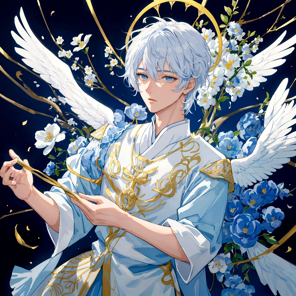 front,Holy,handsome boy, whole body, a beautiful thermographic anime style illustration with flowers on the ears, pixiv artstation , short curly hair boy, blue and white hair, glass, gold wings with flowers in the background, light gold and sky blue, bright colors, delicate lines, soft lighting, fantasy elements, watercolor, high resolution.deep light portrayal,3d rendering --niji 6 --s 400,style:Royal Family, 老钱style,. : blue, Kaneko, Top is noble,Royal Family服饰,White shirt material: Linen, cotton, silk, wool,